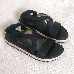 SOREL Women’s Roaming Criss Cross Sandals Black Leather Jute size 10 NWOB